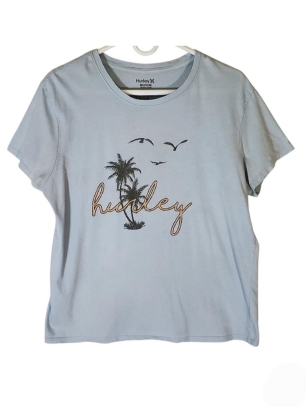 2275 * Hurley Palm Tree Seagull Script Logo Graphic Tee Light Blue Size M